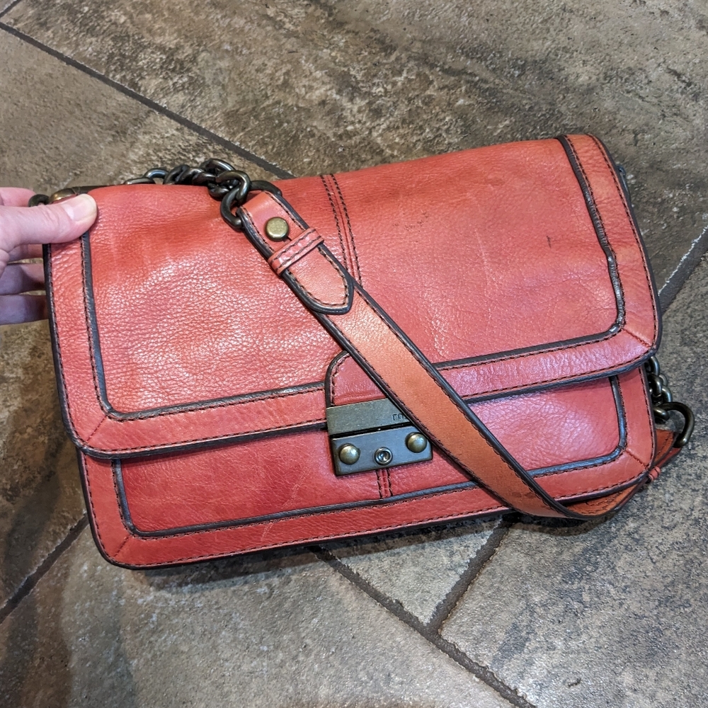Vintage Fossil Y2K Leather Flap Chain Strap Baddie Shoulder Bag Pinky Red - Picture 3 of 16